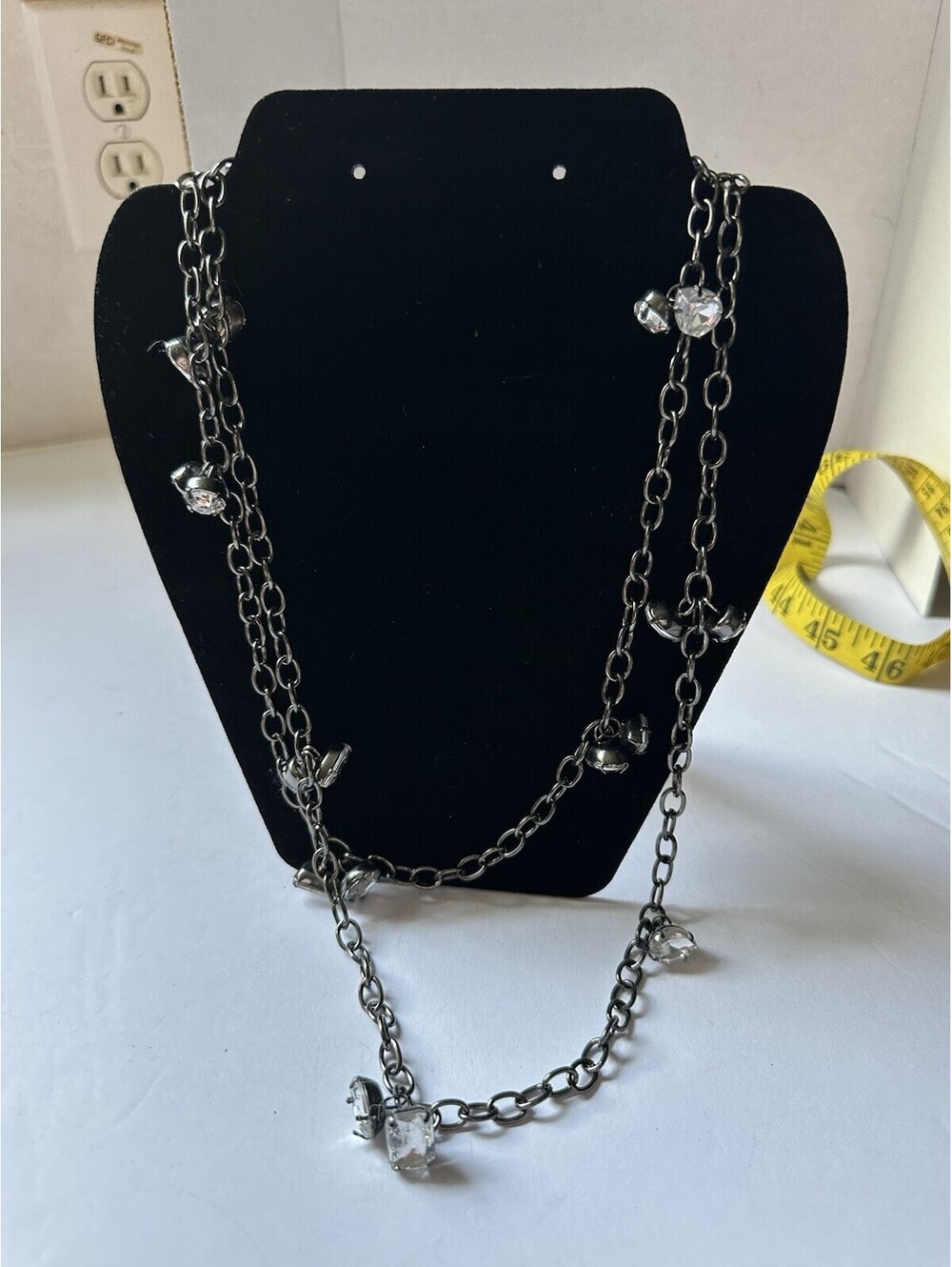 Gunmetal Grey Chain Necklace With Rhinestone Pear Shaped Accents 22”